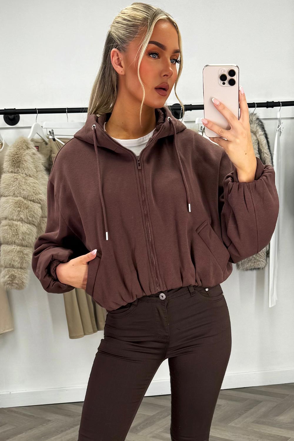 Hooded Jacket with Elastic Hem Brown | Xtralitty