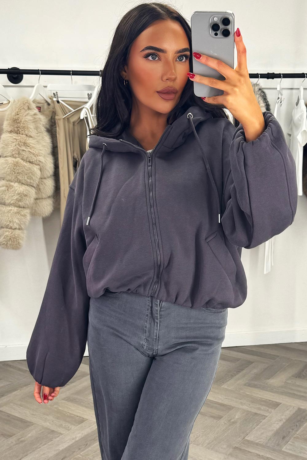 Hooded Jacket with Elastic Hem Charcoal | Xtralitty