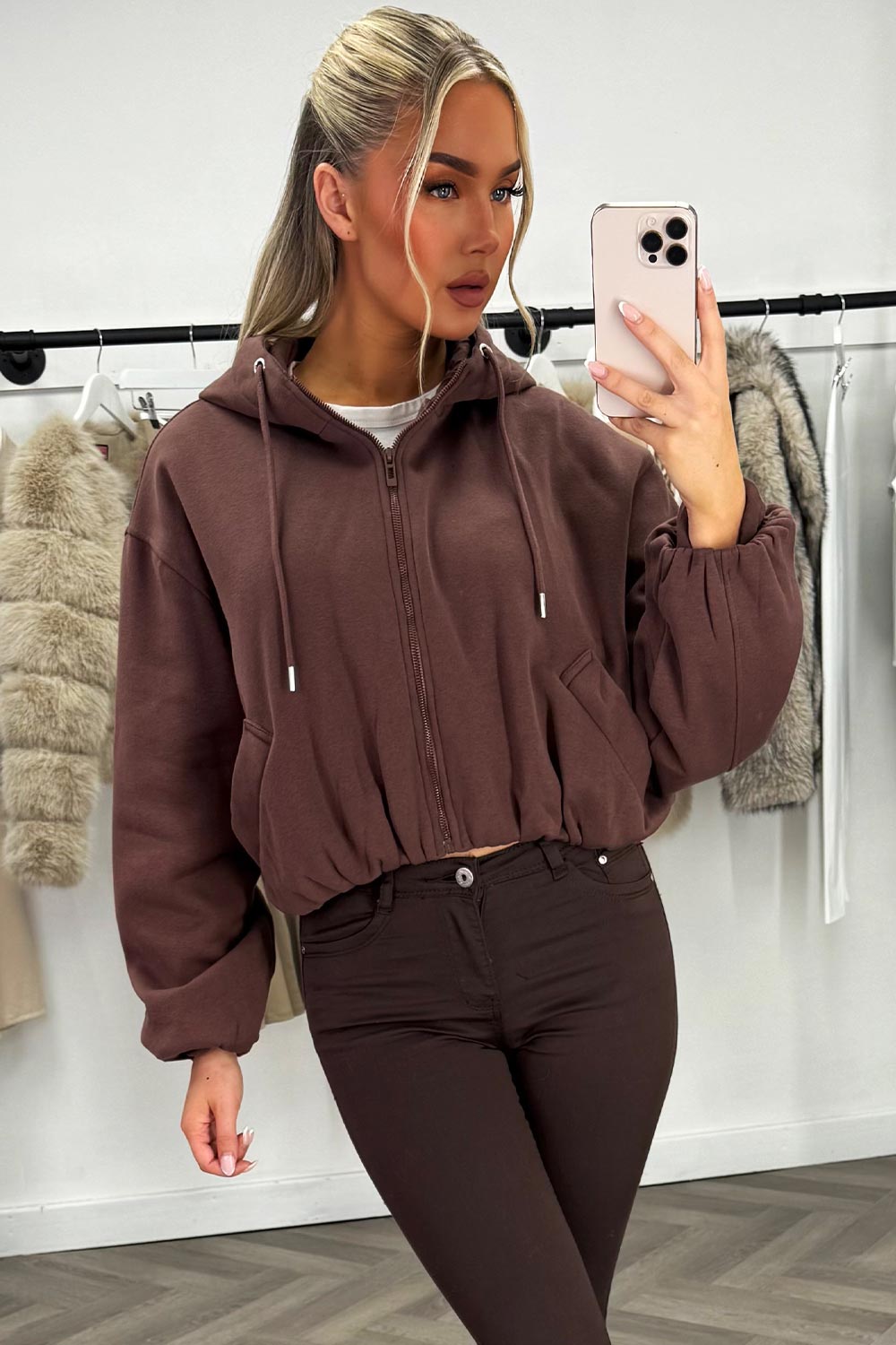 Hooded Jacket with Elastic Hem Brown | Xtralitty