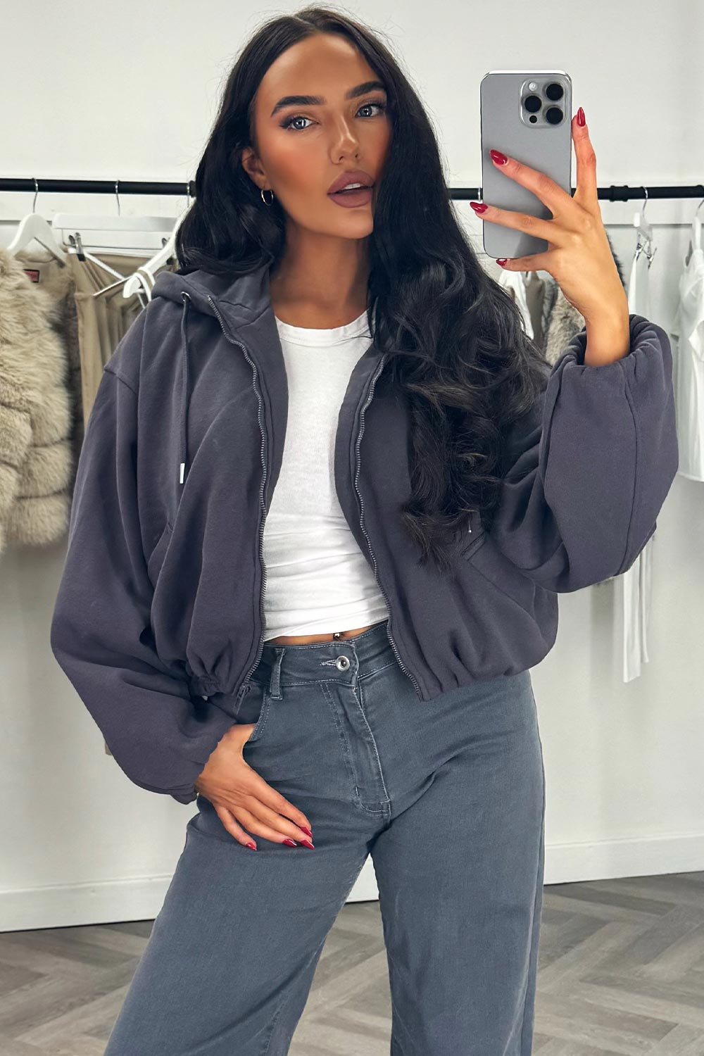 Hooded Jacket with Elastic Hem Charcoal | Xtralitty