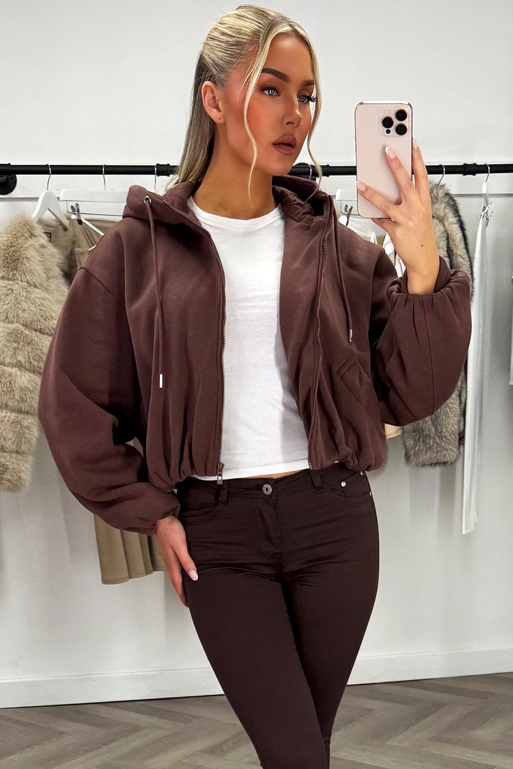 Hooded Jacket with Elastic Hem Brown | Xtralitty