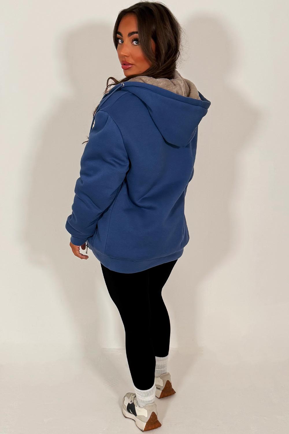 Faux Fur Lined Zip Up Hoodie Navy Blue | Xtralitty