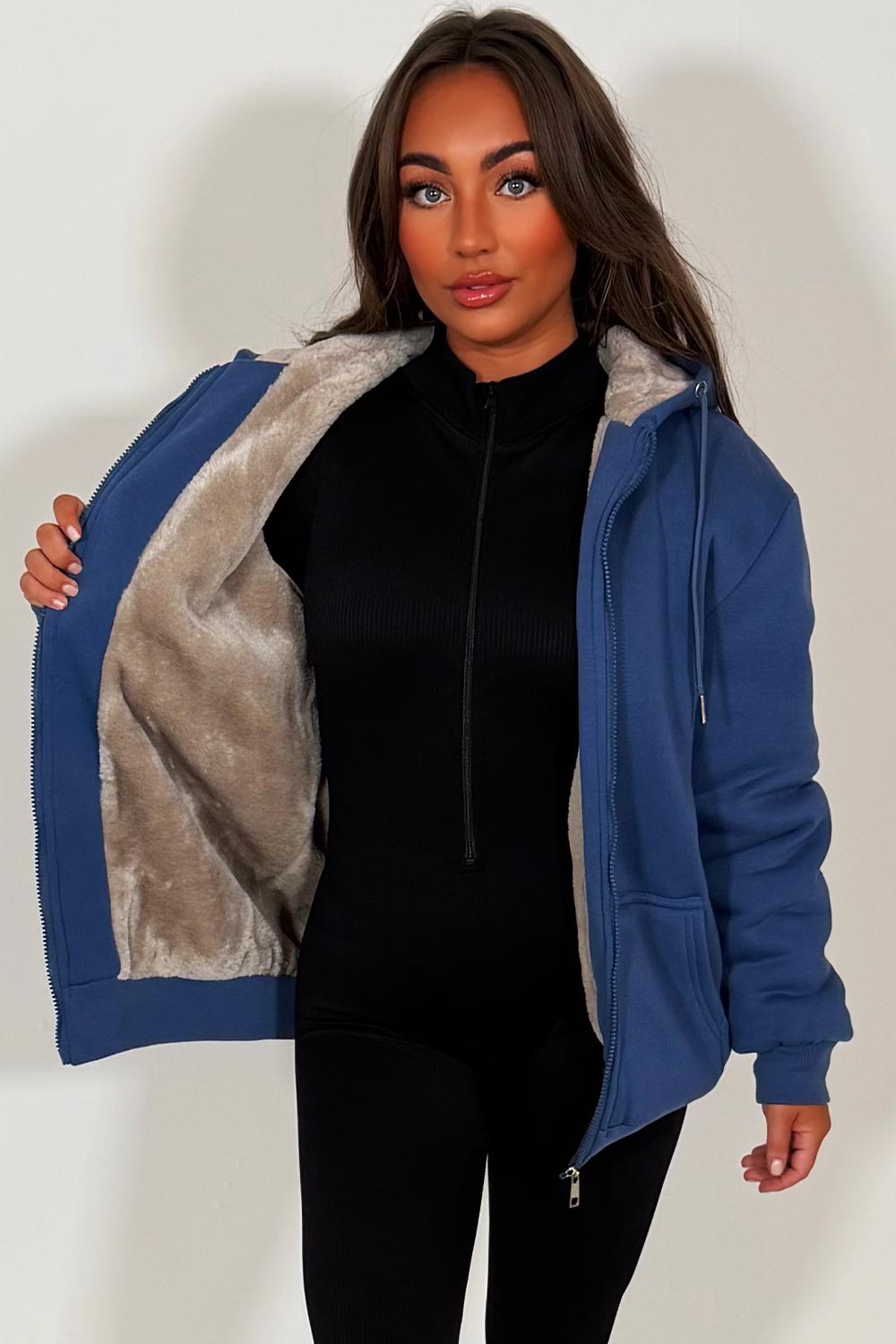 Faux Fur Lined Zip Up Hoodie Navy Blue | Xtralitty