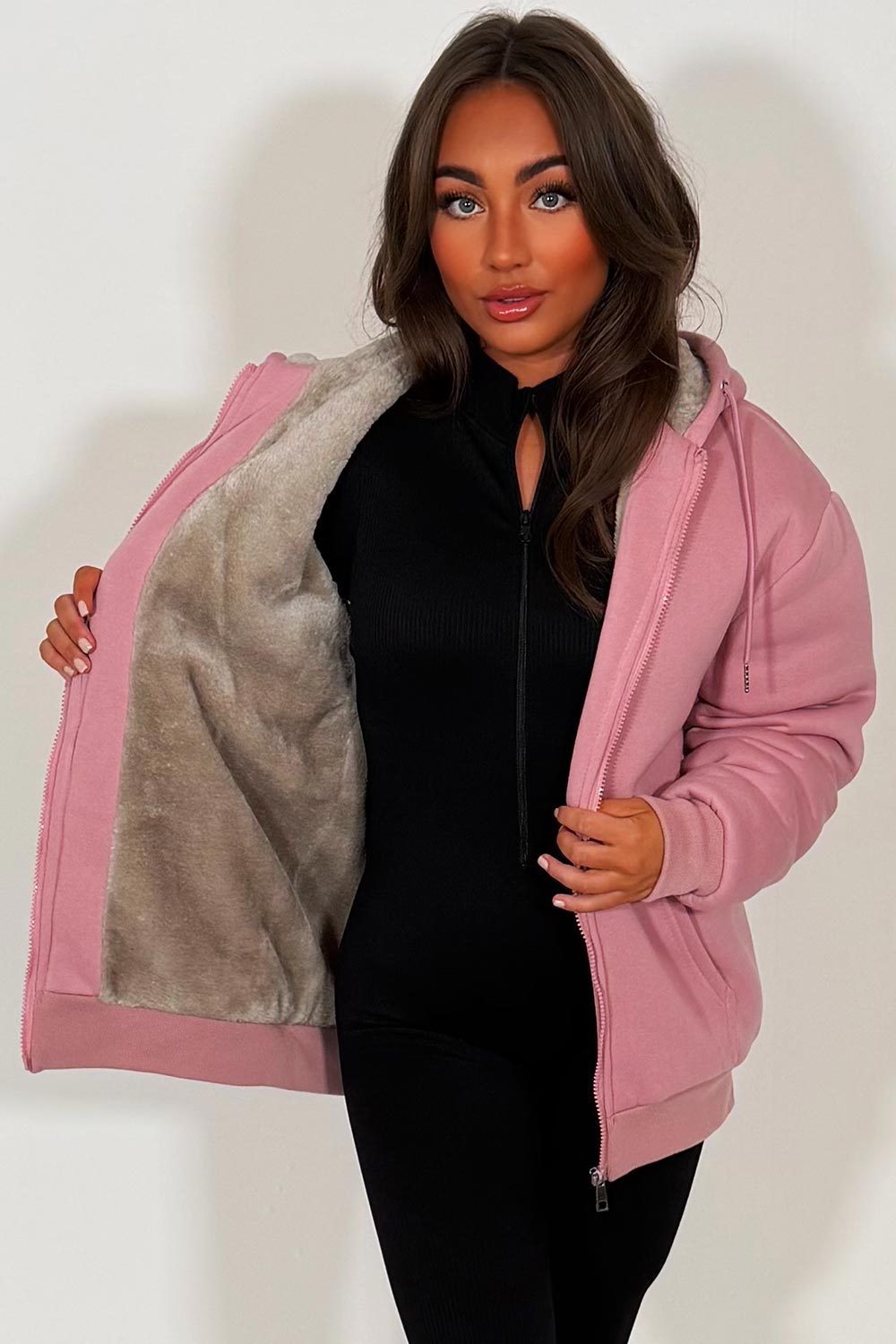 Faux Fur Lined Zip Up Hoodie Pink | Xtralitty