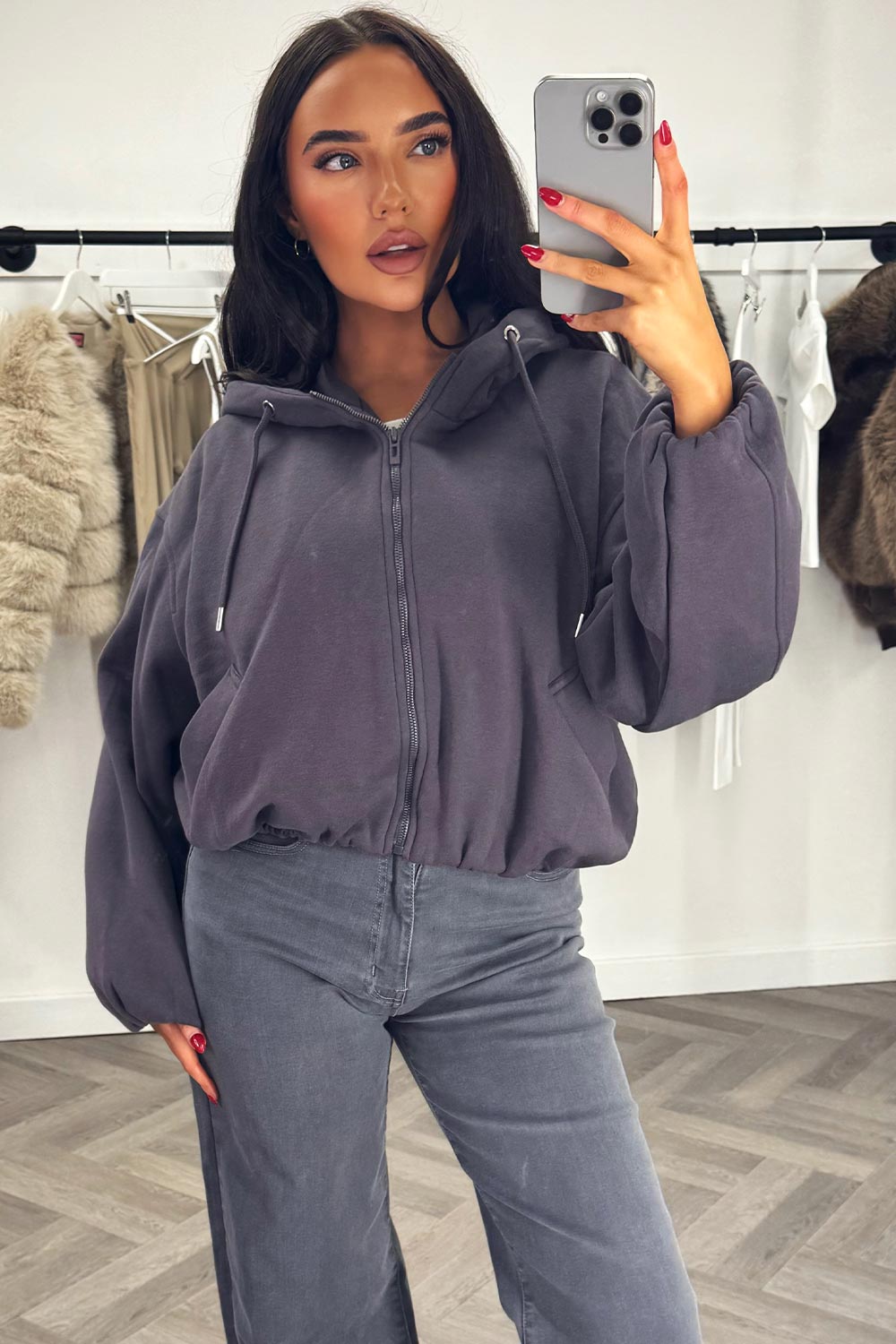 Hooded Jacket with Elastic Hem Charcoal | Xtralitty