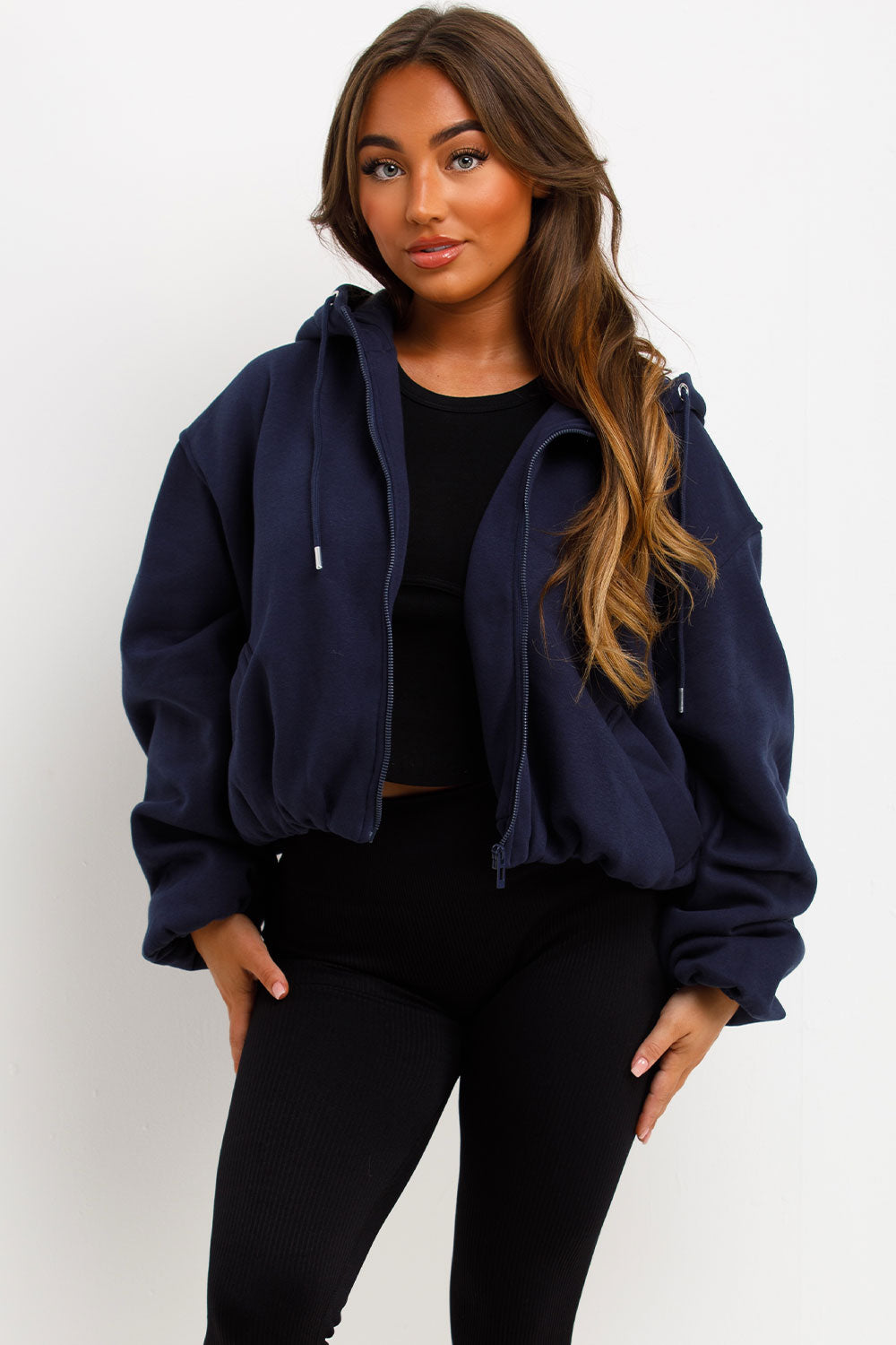 Hooded Jacket with Elastic Hem Navy | Xtralitty