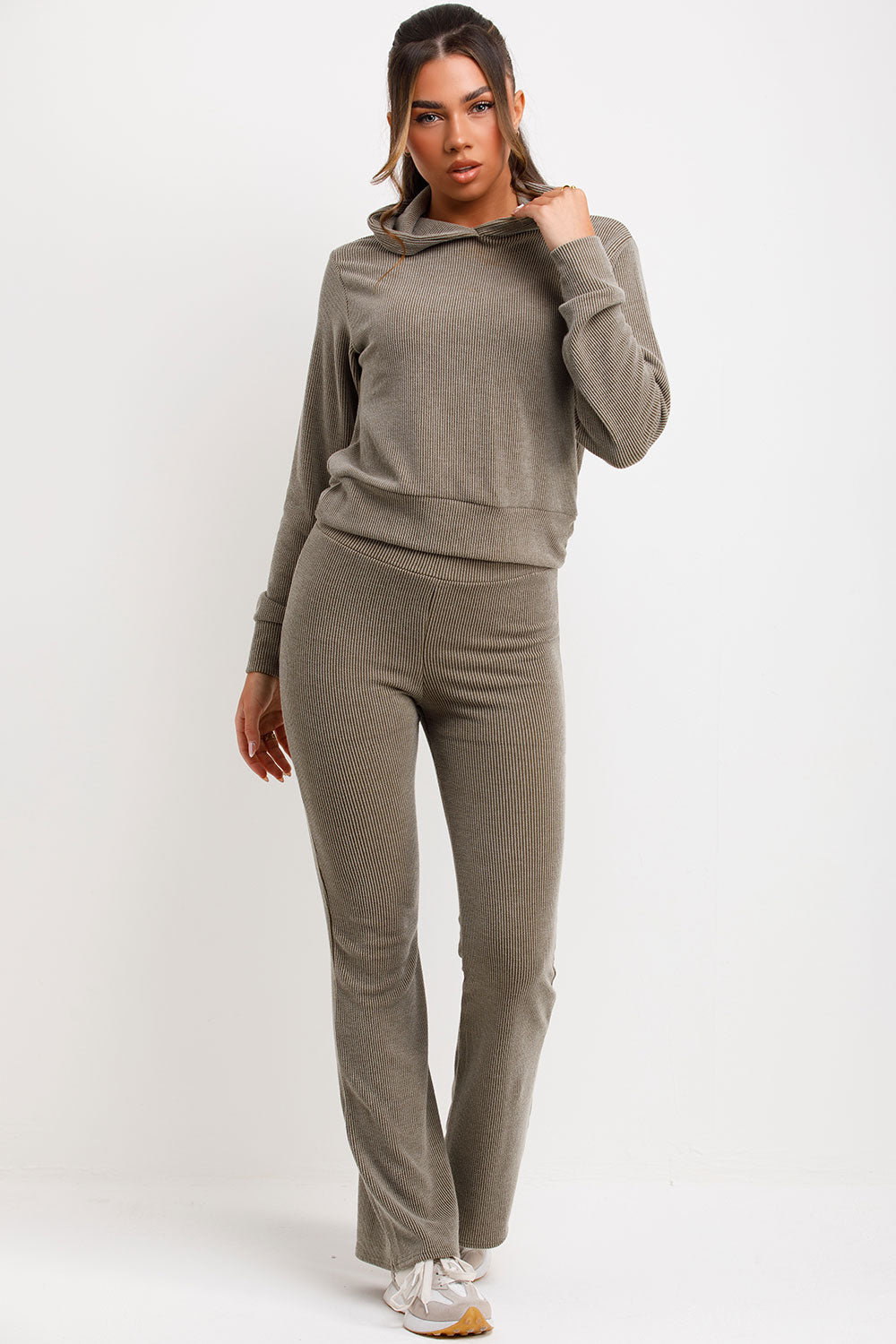 Crop Hoodie Tracksuit Lounge Set Khaki | Xtralitty