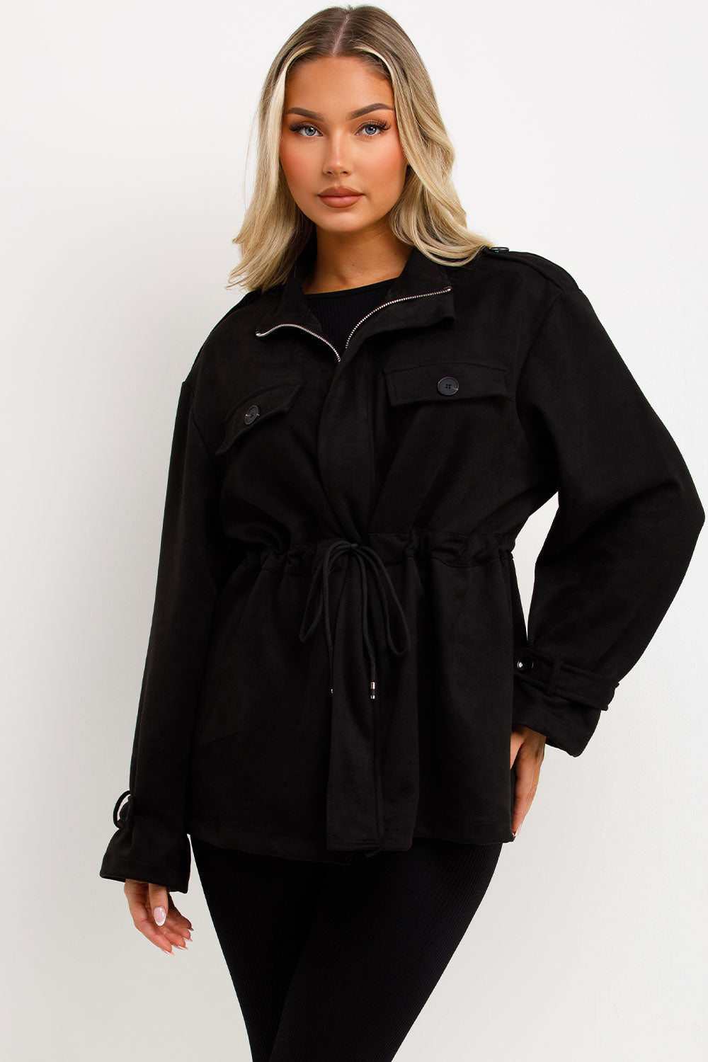 Faux Suede Jacket with Drawstring Waist Black | Xtralitty