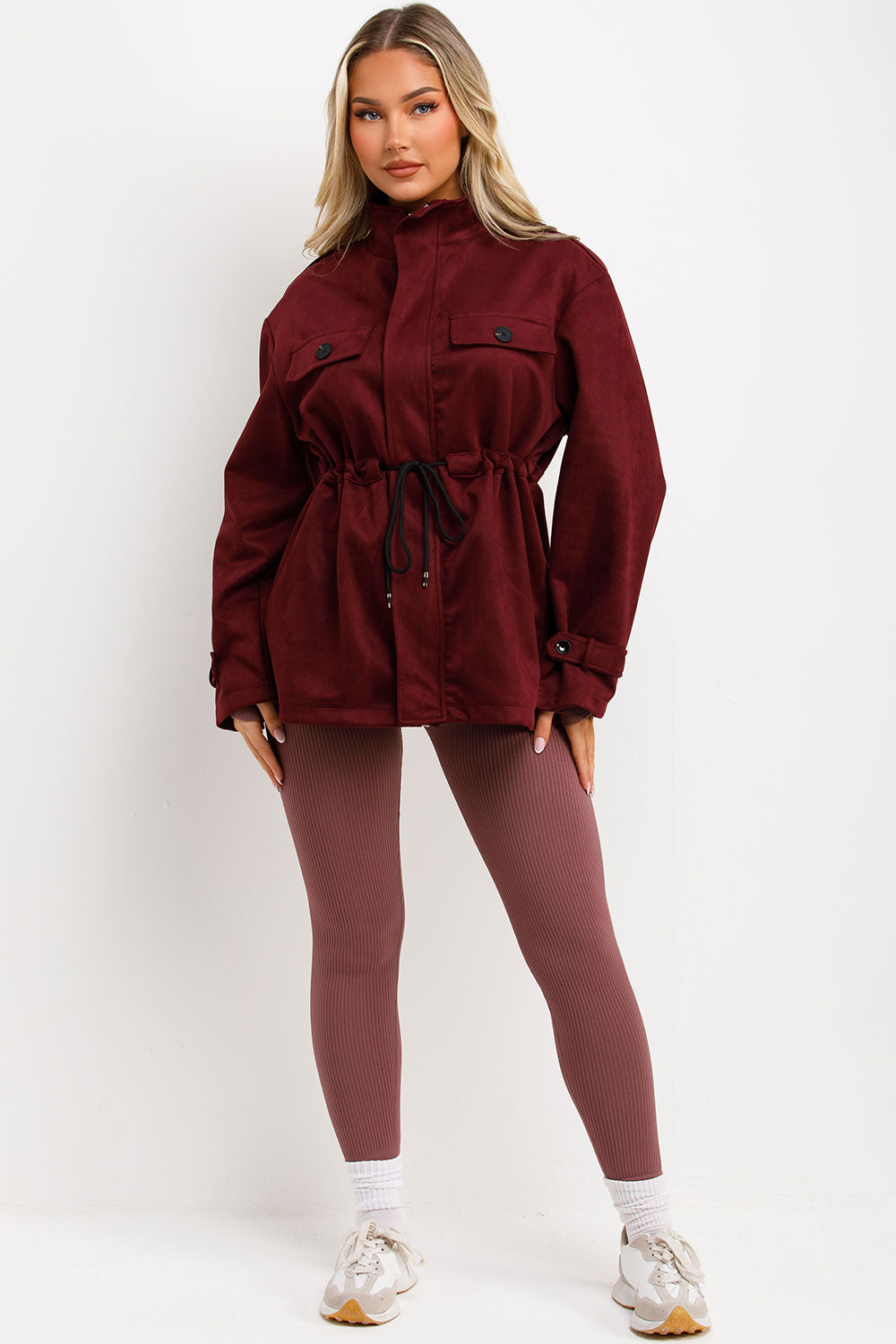 Faux Suede Jacket with Drawstring Waist Burgundy | Xtralitty
