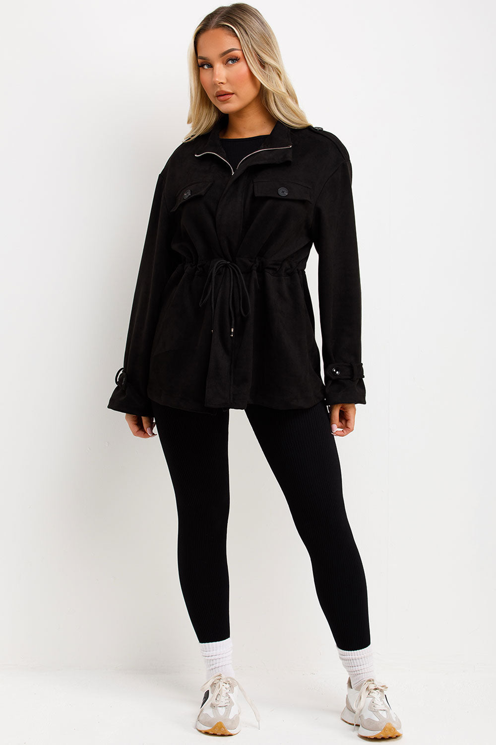 Faux Suede Jacket with Drawstring Waist Black | Xtralitty