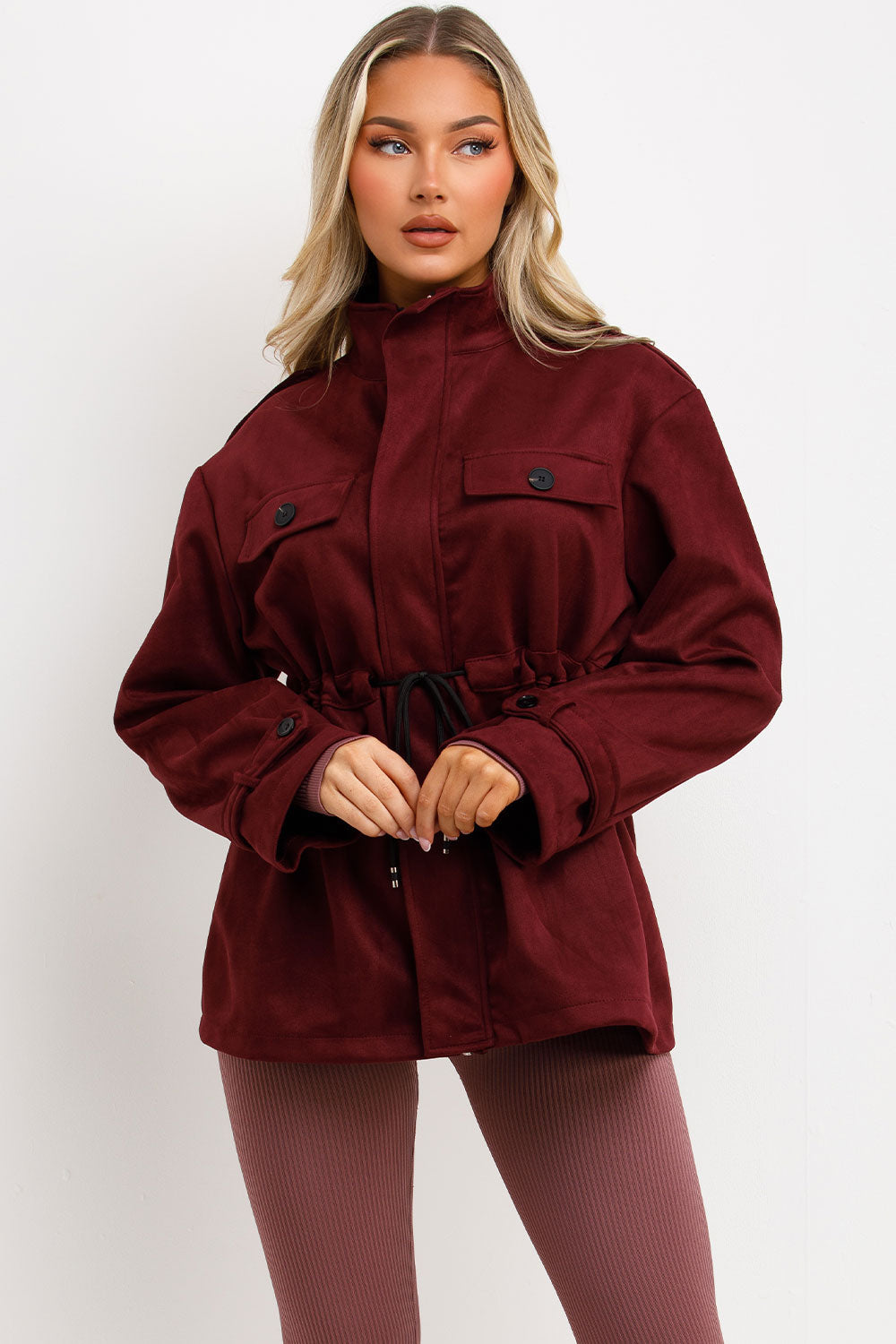 Faux Suede Jacket with Drawstring Waist Burgundy | Xtralitty