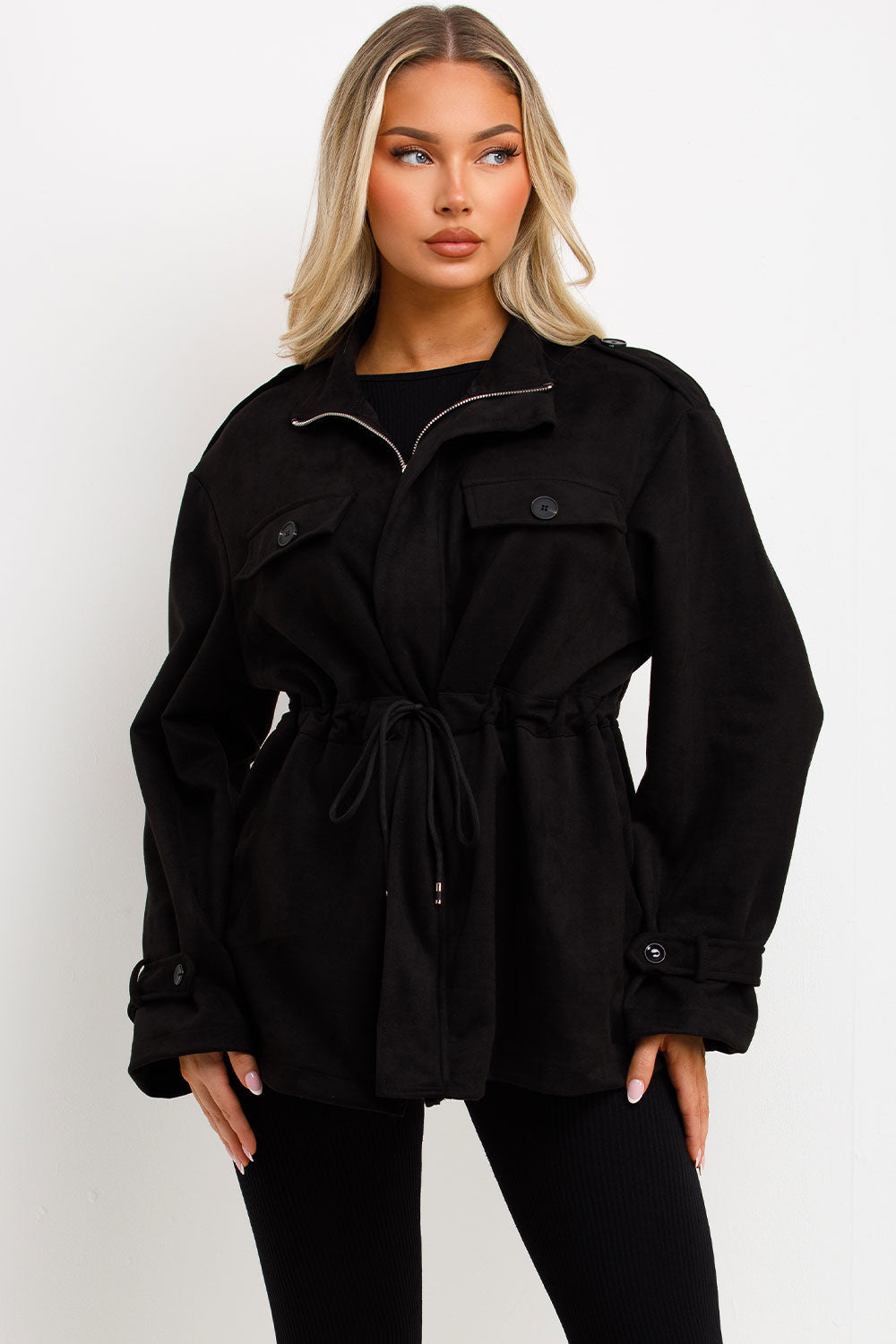 Faux Suede Jacket with Drawstring Waist Black | Xtralitty