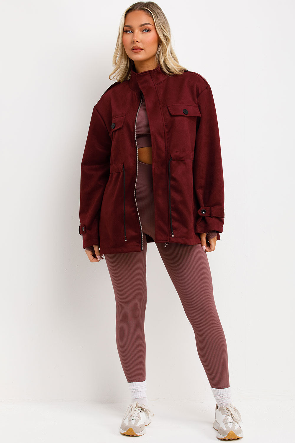 Faux Suede Jacket with Drawstring Waist Burgundy | Xtralitty