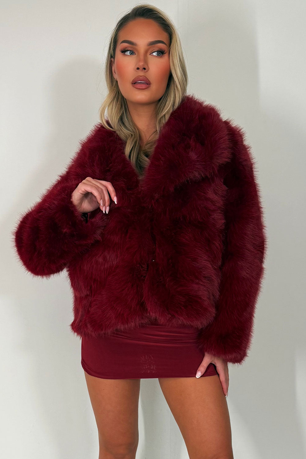 Faux Fur Jacket Collared Burgundy | Xtralitty