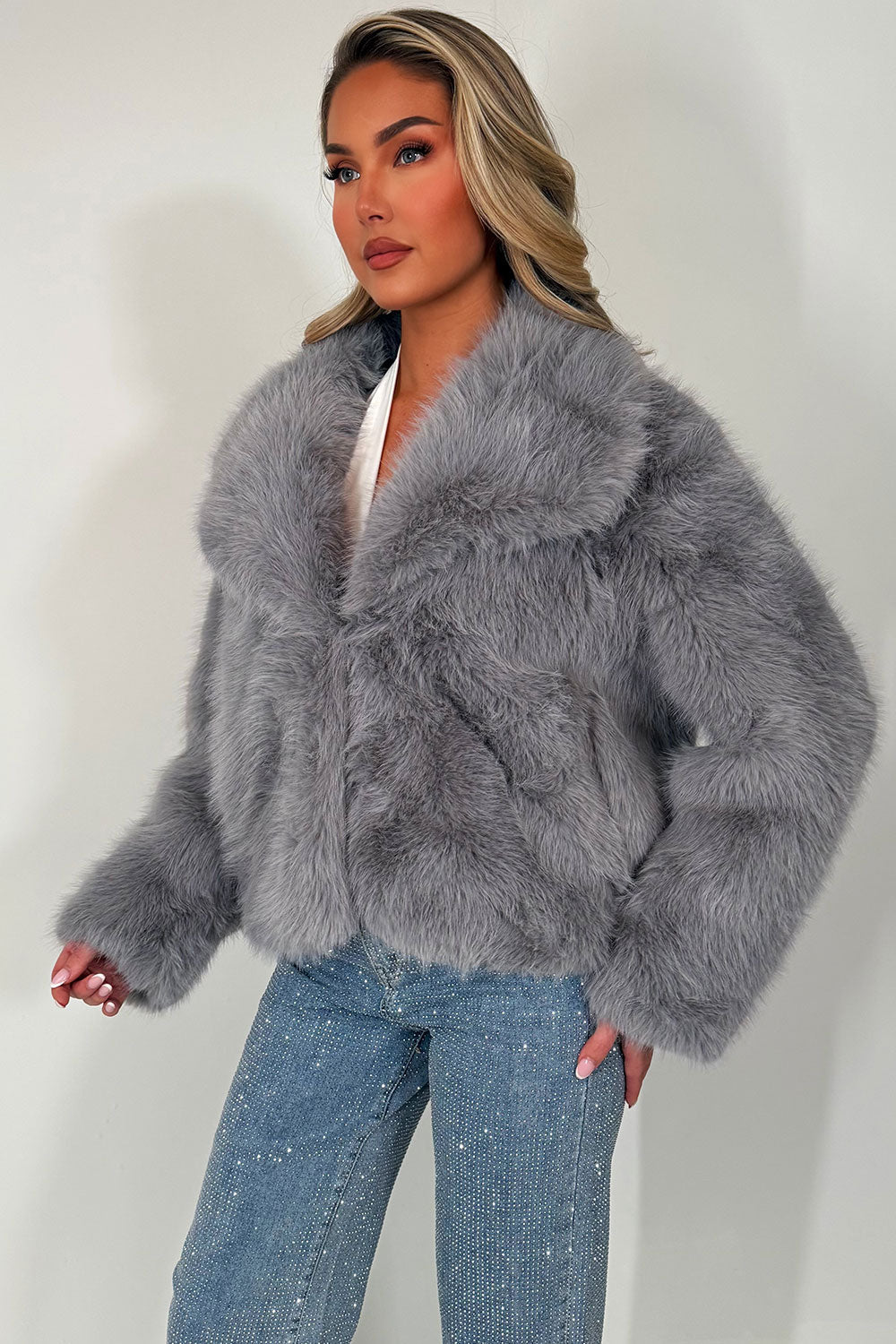 Faux Fur Jacket Collared Grey | Xtralitty