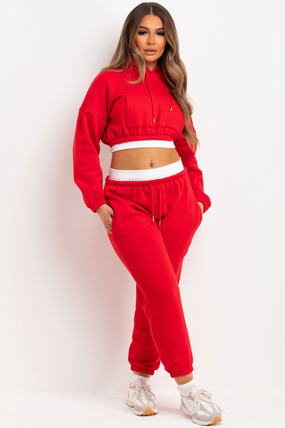 Crop Hoodie and Joggers Tracksuit Ribbed Hem Red | Xtralitty