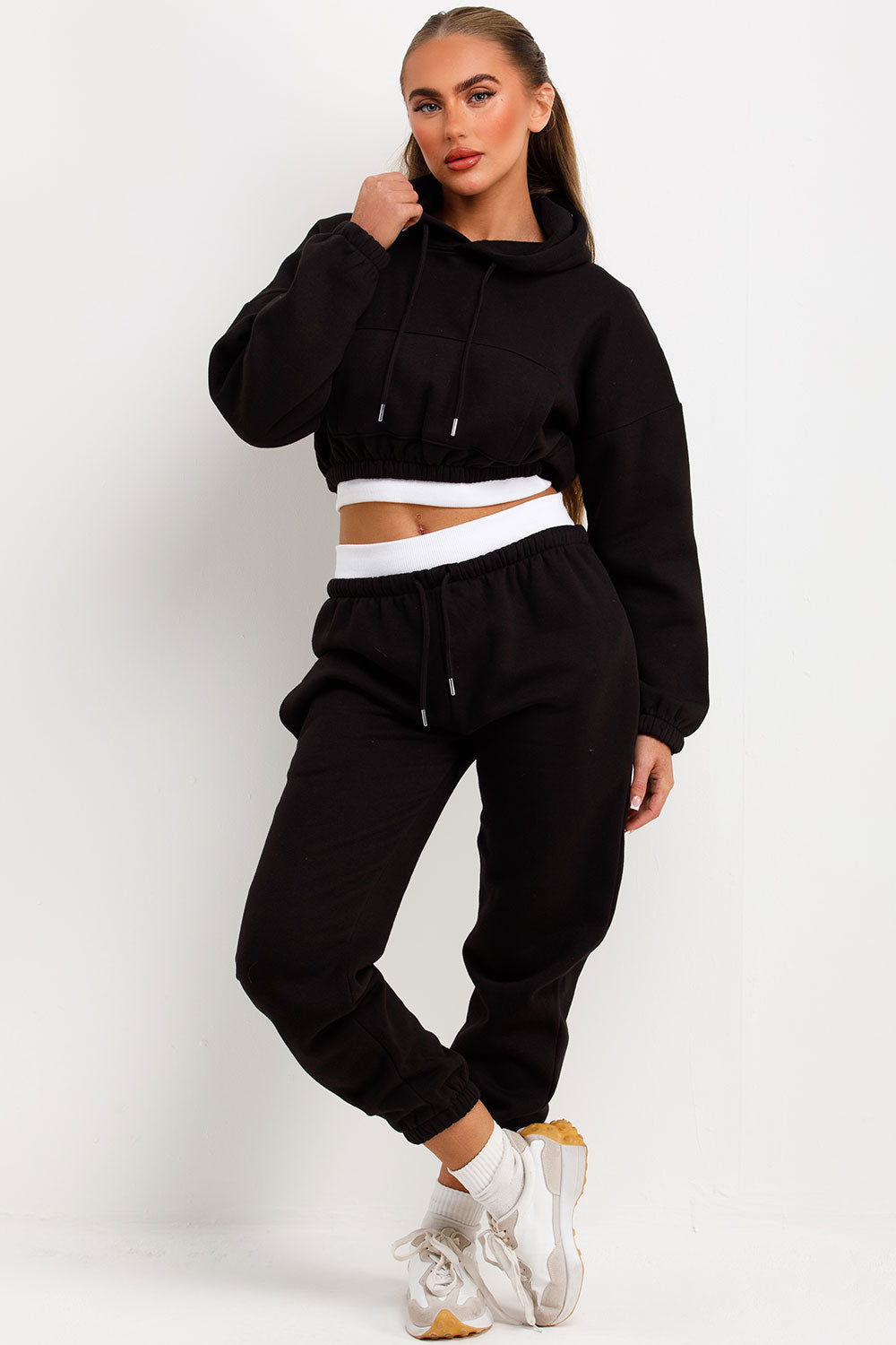 Crop Hoodie and Joggers Tracksuit Ribbed Hem Bla | Xtralitty
