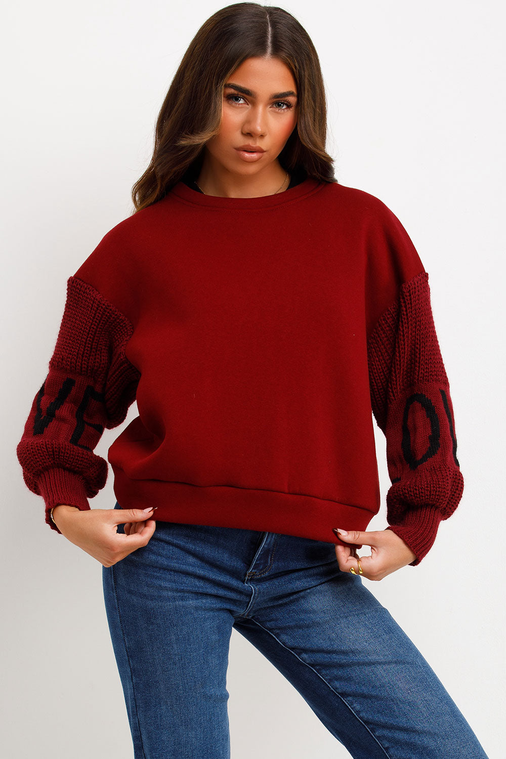 Jumper with Knitted Sleeves Love Slogan Burgundy | Xtralitty