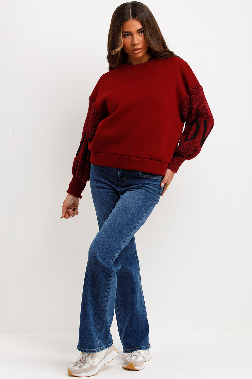Jumper with Knitted Sleeves Love Slogan Burgundy | Xtralitty