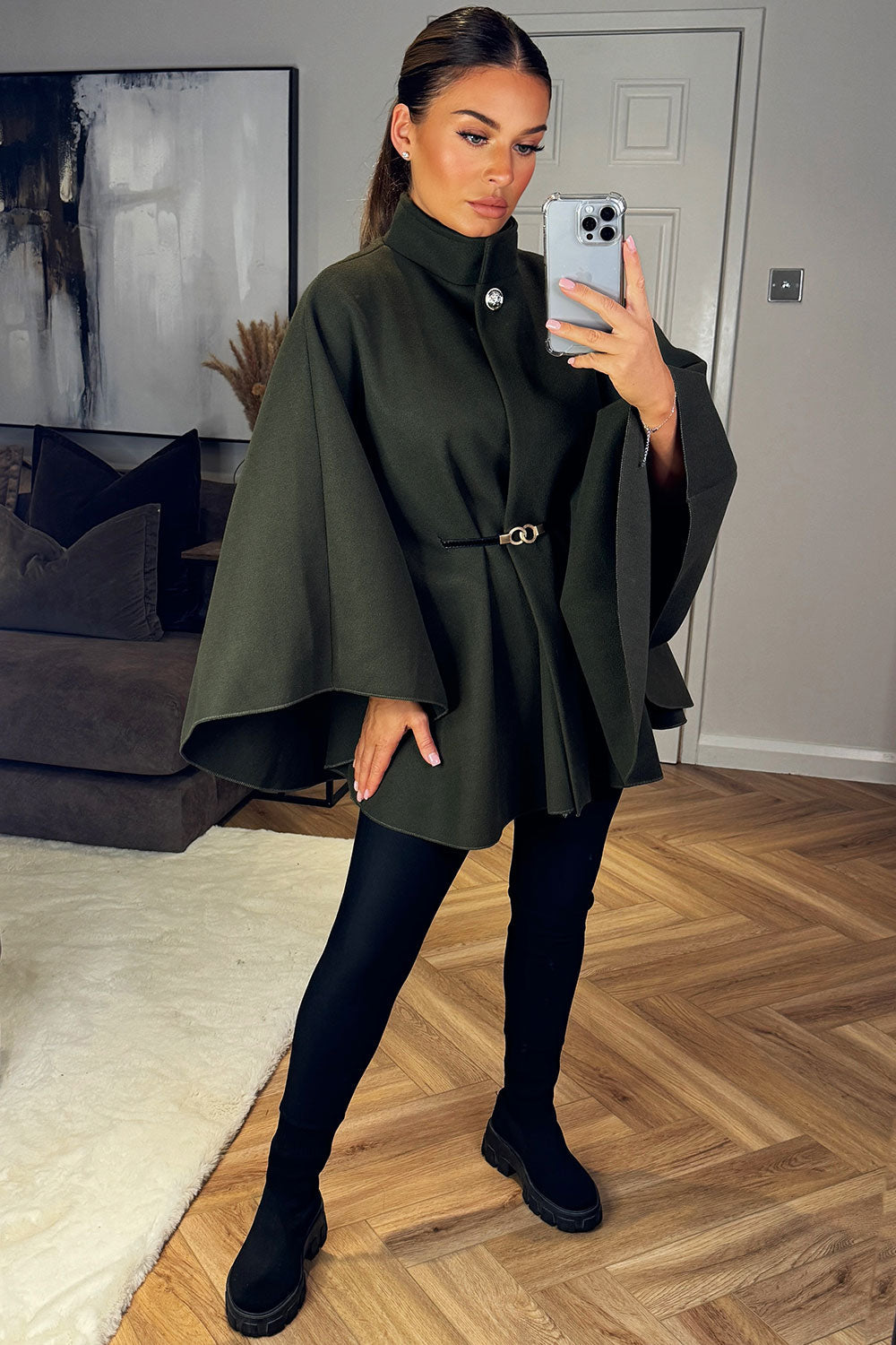 Cape with Belt and Button Khaki Poncho | Xtralitty