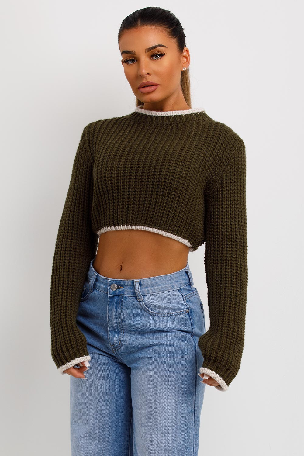 Khaki Long Sleeve Knitted Cropped Jumper | Xtralitty