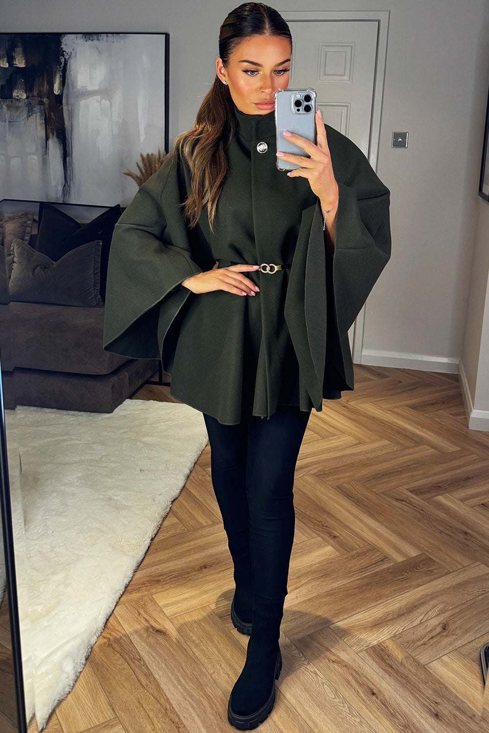 Cape with Belt and Button Khaki Poncho | Xtralitty