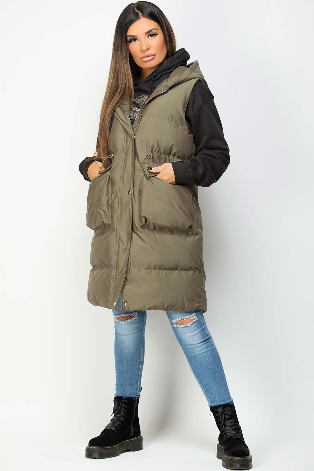 Khaki Padded Longline Gilet with Drawstring Wais | Xtralitty