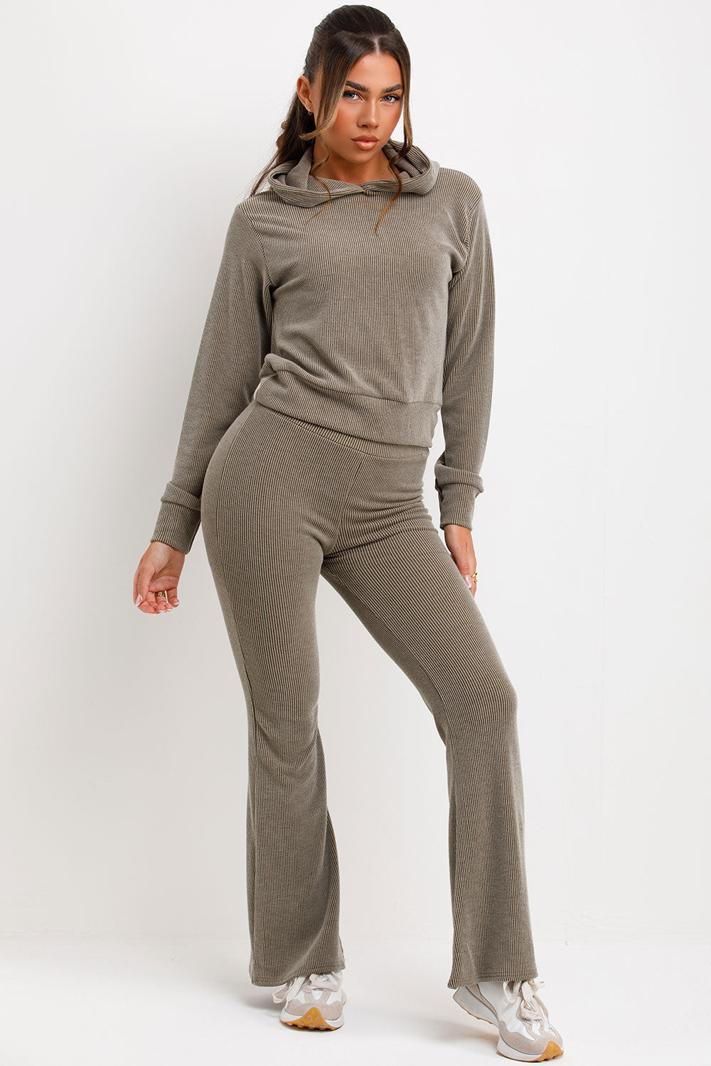 Crop Hoodie Tracksuit Lounge Set Khaki | Xtralitty