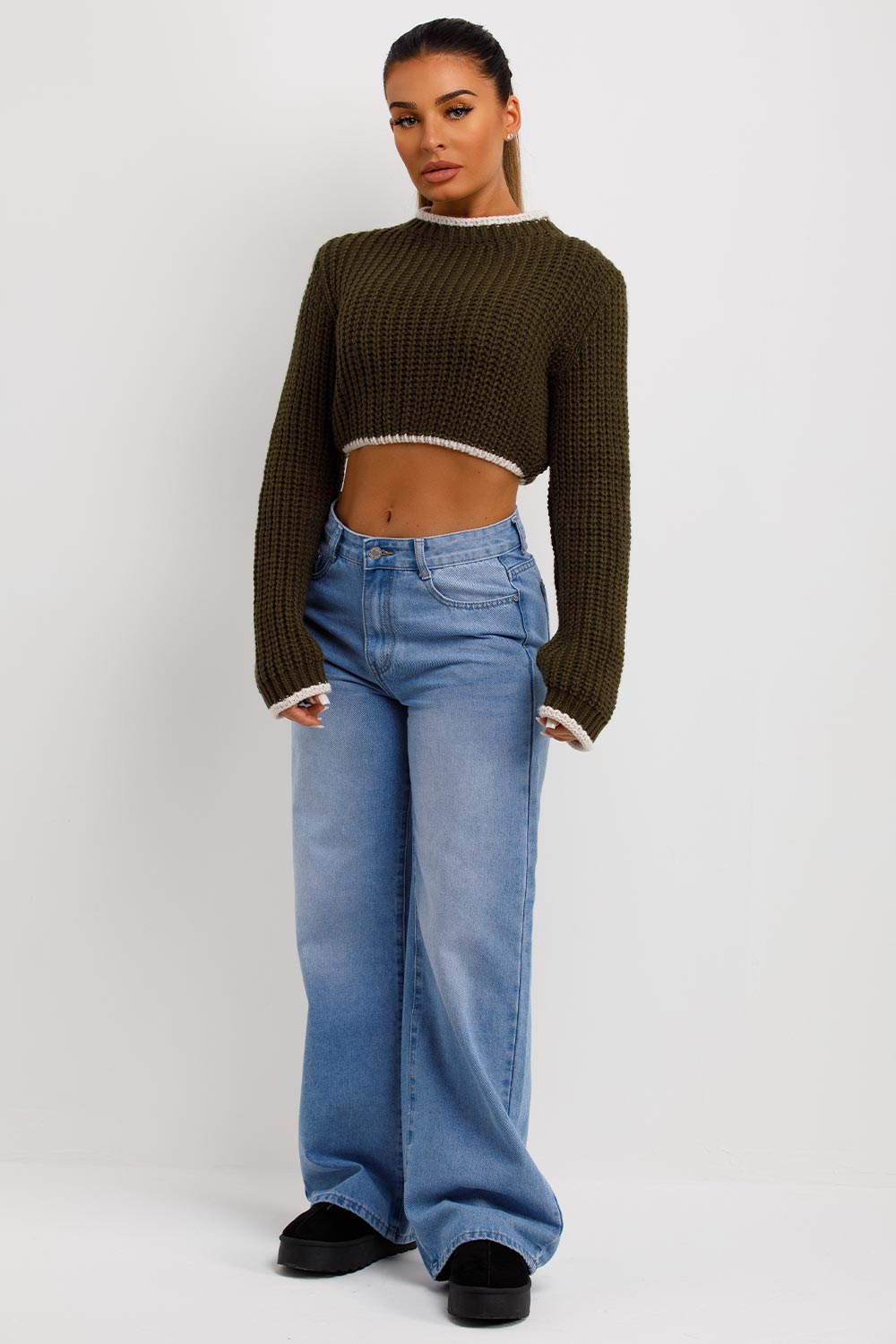 Khaki Long Sleeve Knitted Cropped Jumper | Xtralitty