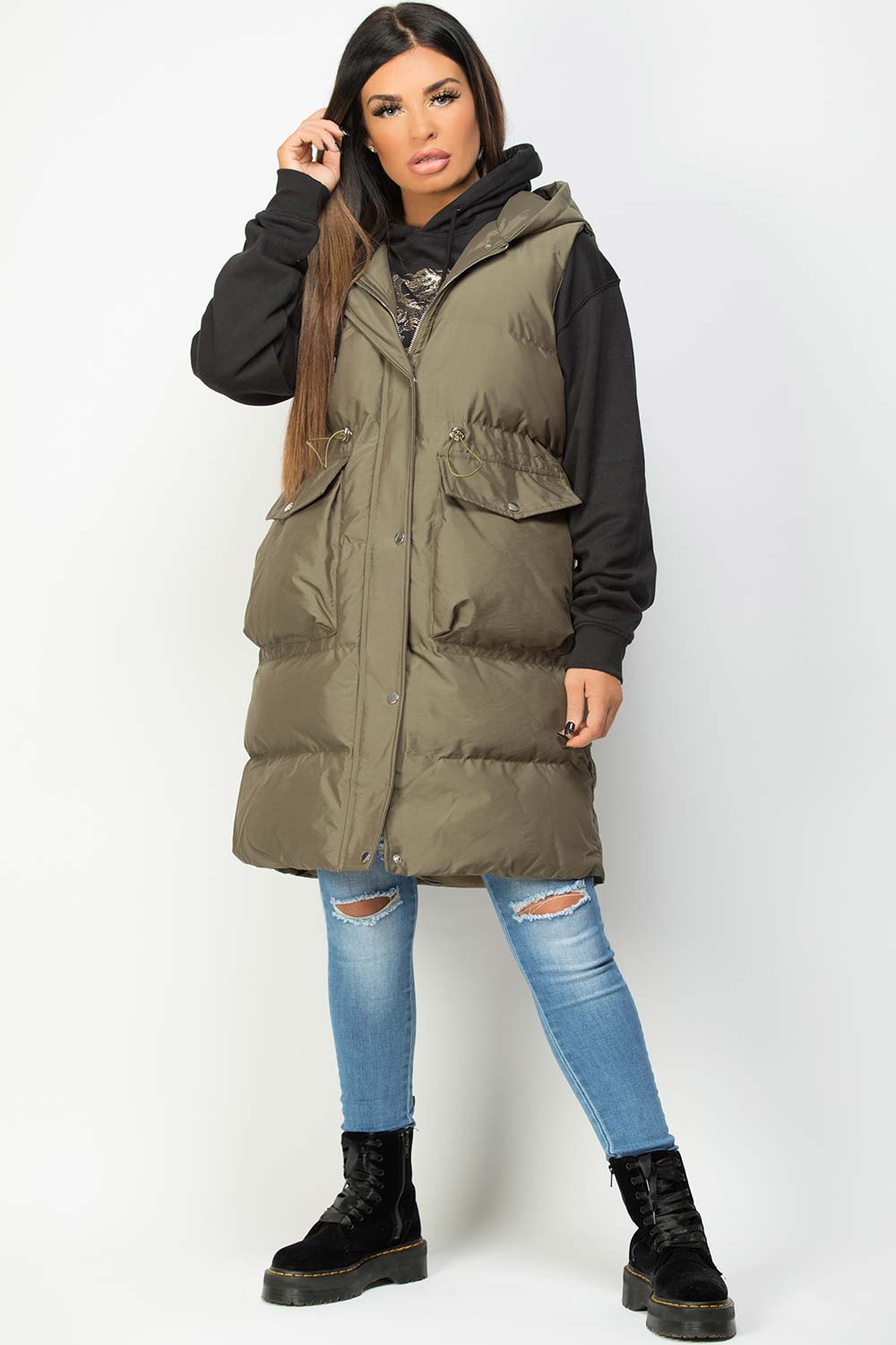 Khaki Padded Longline Gilet with Drawstring Wais | Xtralitty