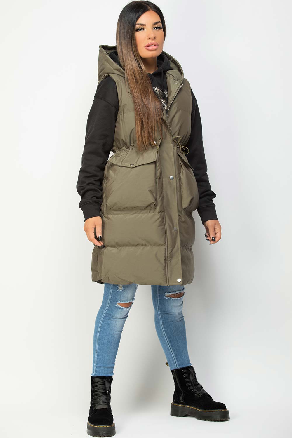 Khaki Padded Longline Gilet with Drawstring Wais | Xtralitty