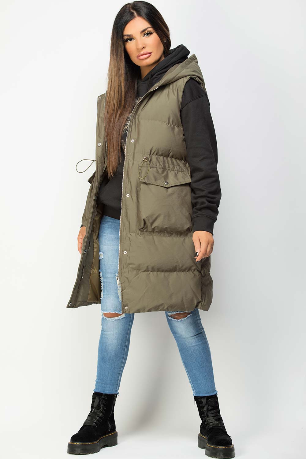Khaki Padded Longline Gilet with Drawstring Wais | Xtralitty
