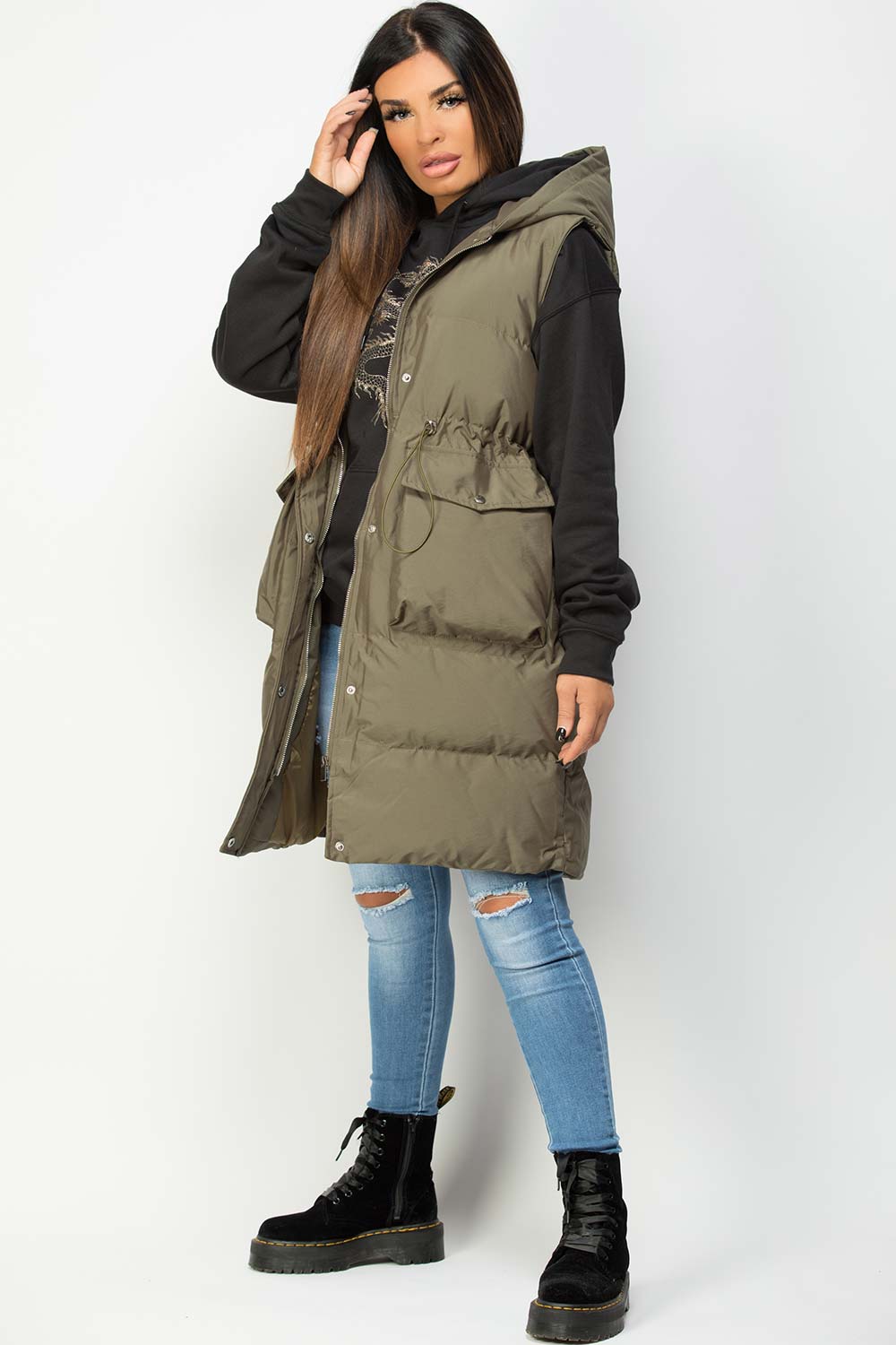 Khaki Padded Longline Gilet with Drawstring Wais | Xtralitty