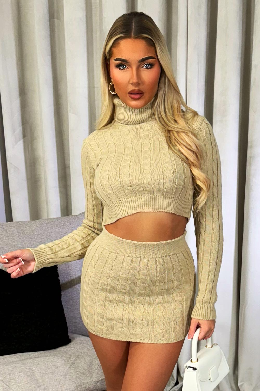 Roll Neck Jumper Knit Skirt Set Beige | Xtralitty