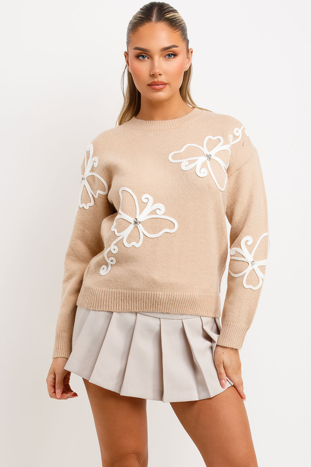 Knitted Jumper with Diamanties Butterfly Embroid | Xtralitty