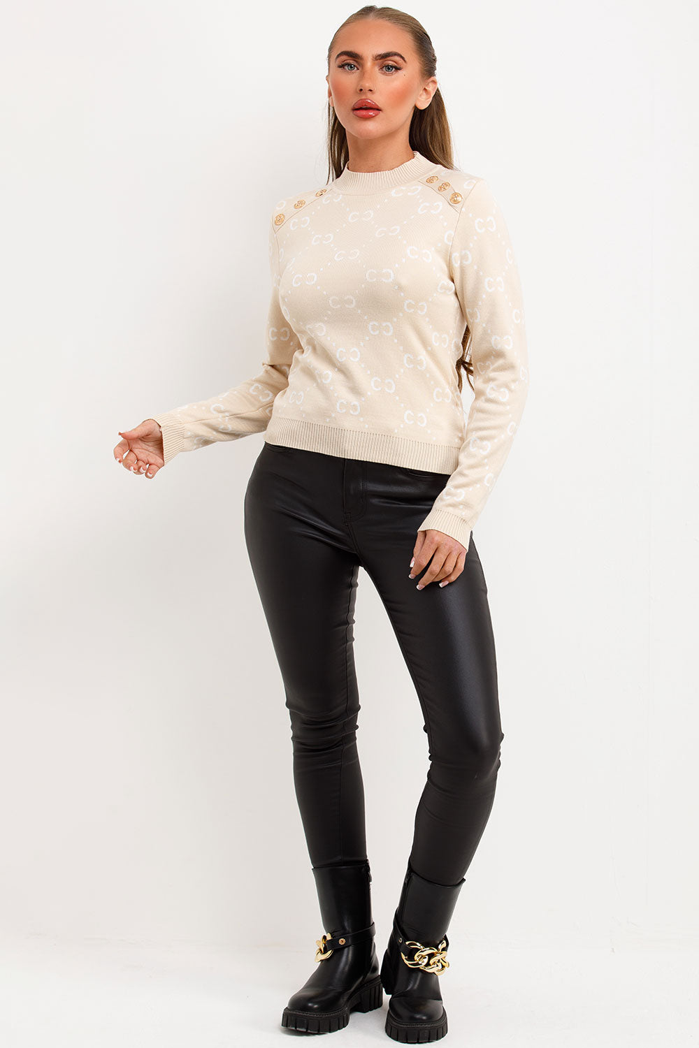 Knitted Jumper with Gold Button Cc Print Beige | Xtralitty
