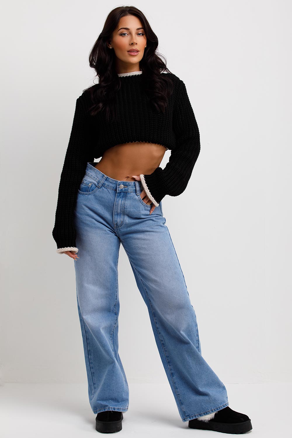 Black Long Sleeve Knitted Cropped Jumper | Xtralitty