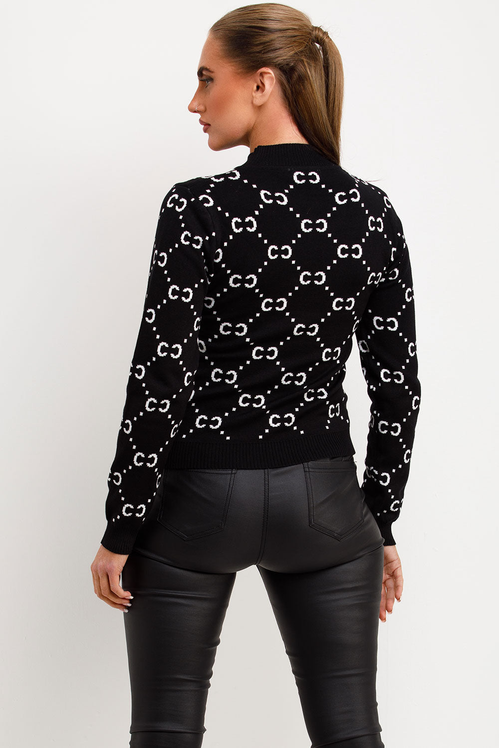 Black Knitted Jumper with Gold Button Cc Print | Xtralitty