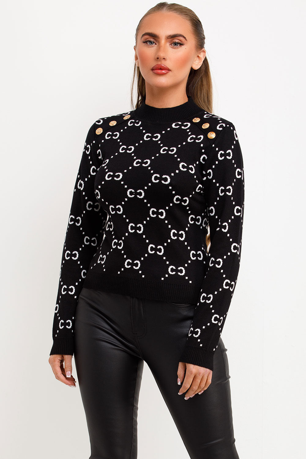 Black Knitted Jumper with Gold Button Cc Print | Xtralitty