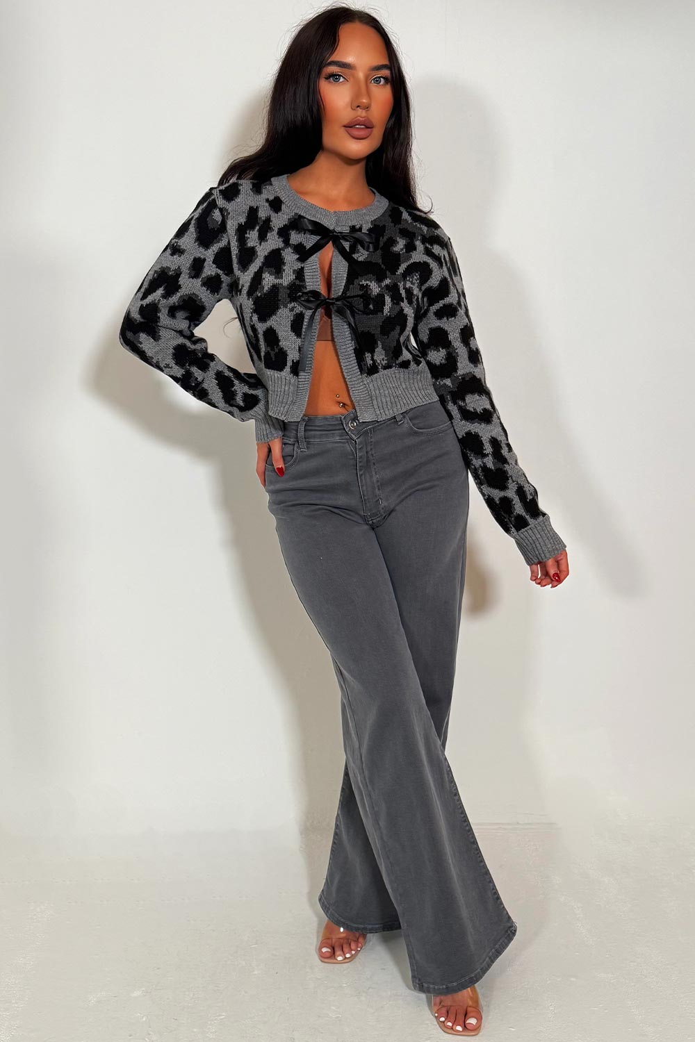 Leopard Cardigan with Bow Tie Detail Grey | Xtralitty