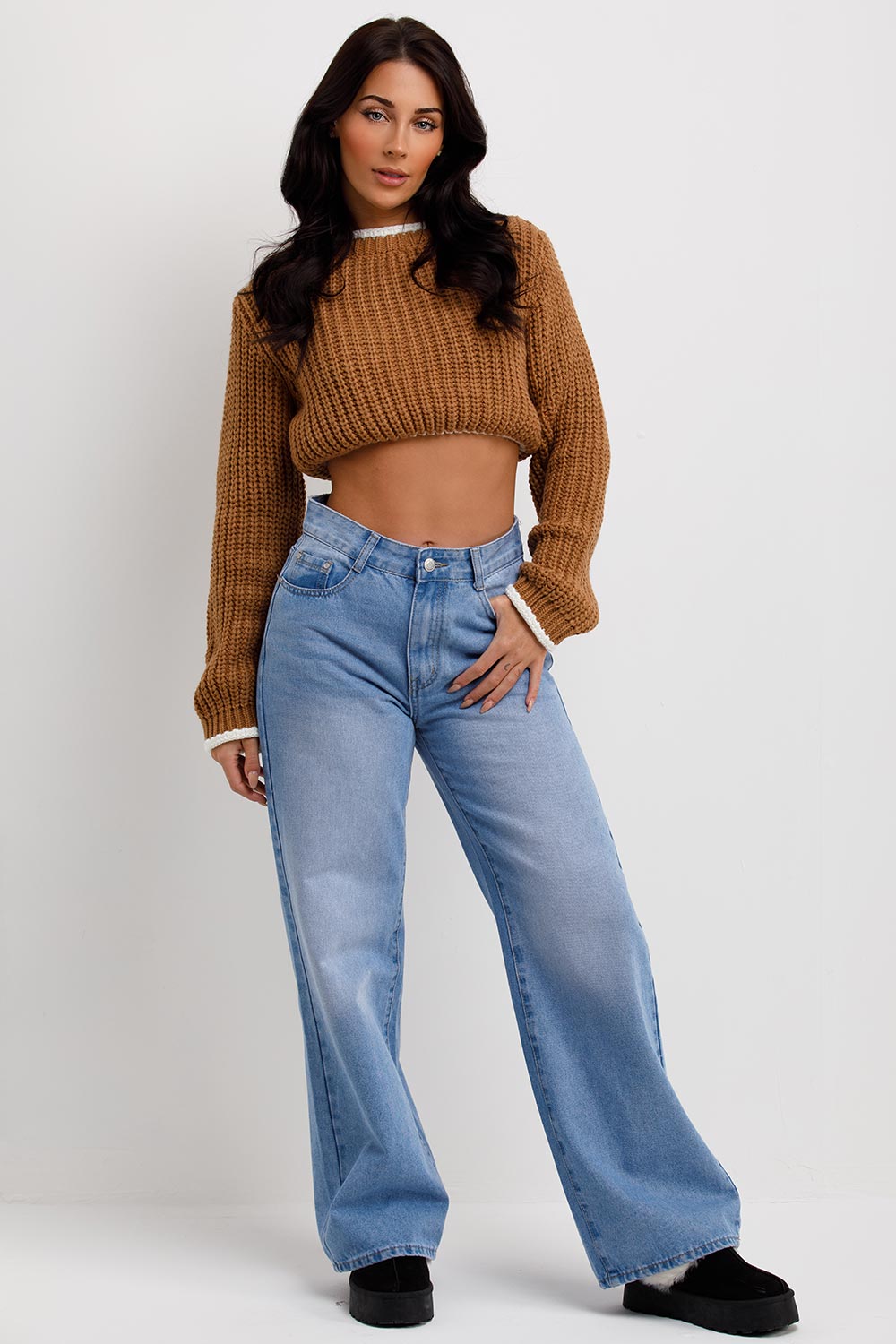 Brown Long Sleeve Knitted Cropped Jumper | Xtralitty