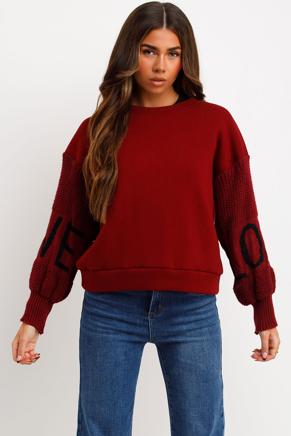 Jumper with Knitted Sleeves Love Slogan Burgundy | Xtralitty