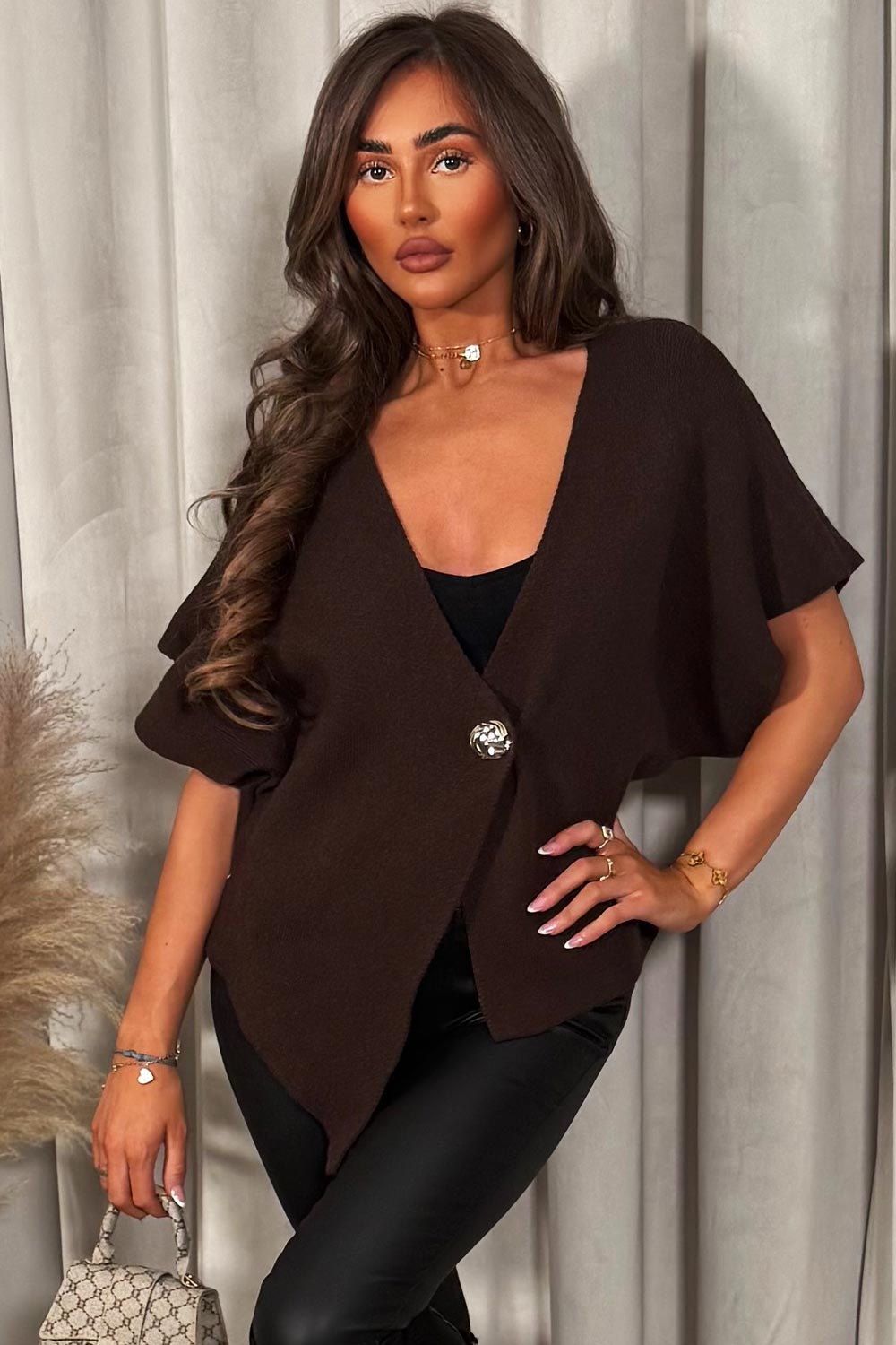 Brown Cape Cardigan with Gold Button | Xtralitty