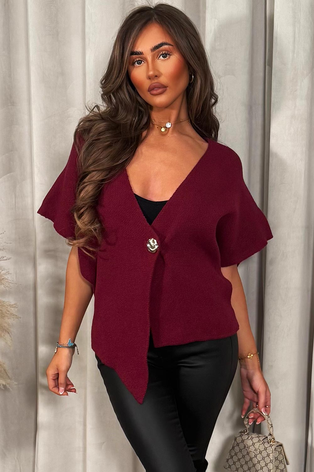 Burgundy Cape Cardigan with Gold Button | Xtralitty