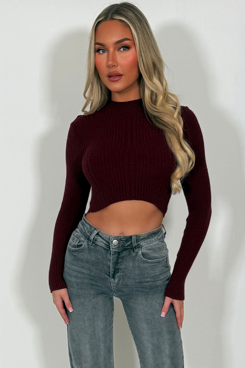 Crop Knitted Jumper with Long Sleeves Burgundy | Xtralitty