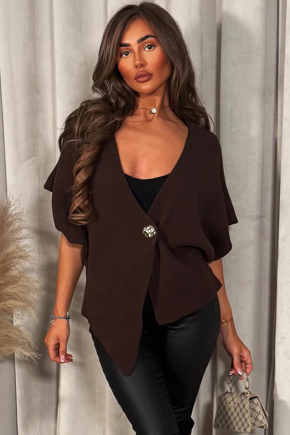 Brown Cape Cardigan with Gold Button | Xtralitty