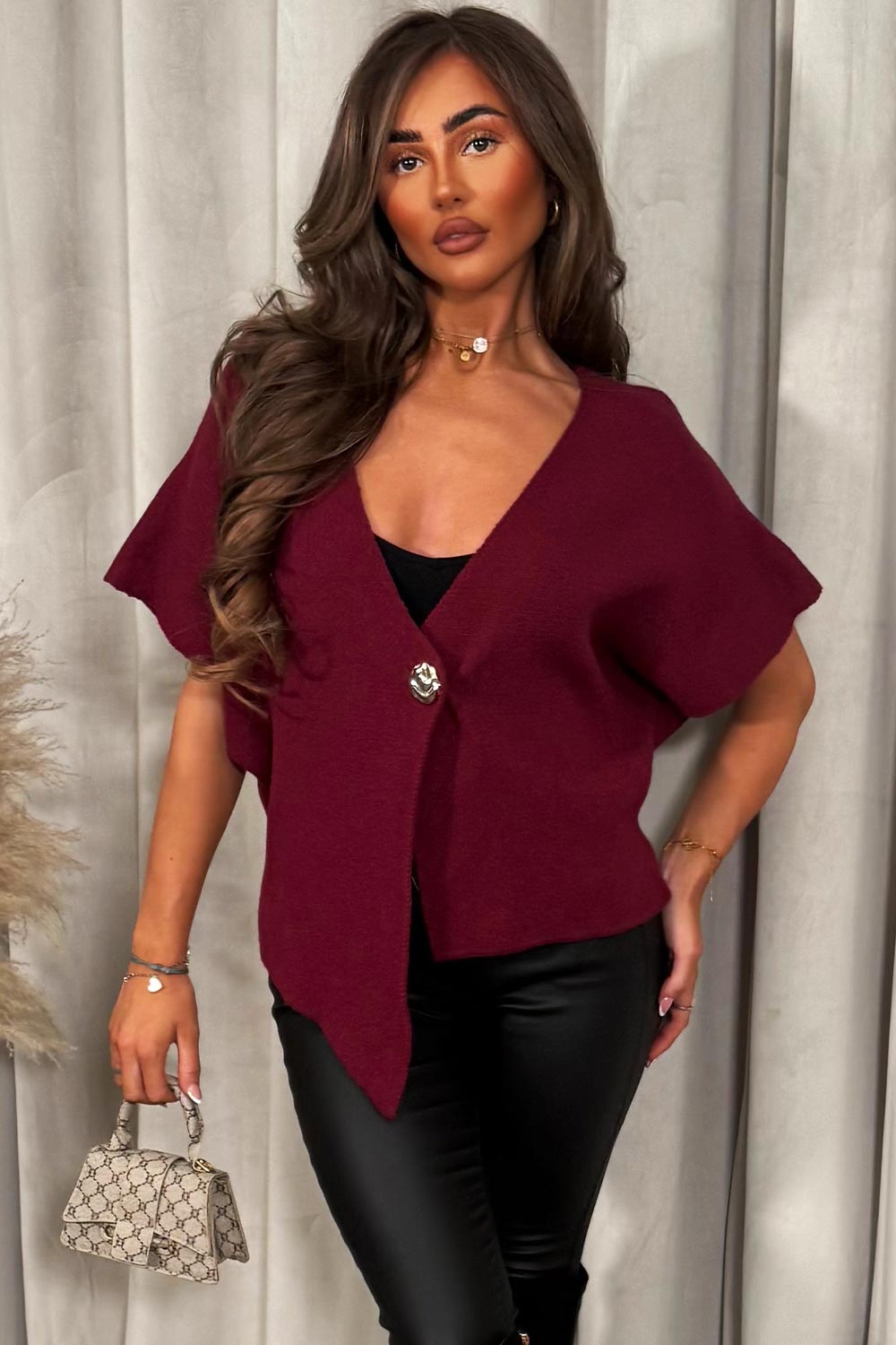 Burgundy Cape Cardigan with Gold Button | Xtralitty