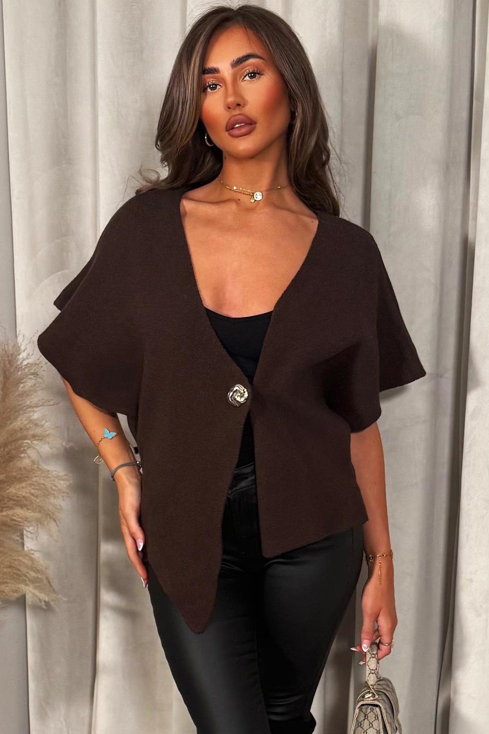 Brown Cape Cardigan with Gold Button | Xtralitty