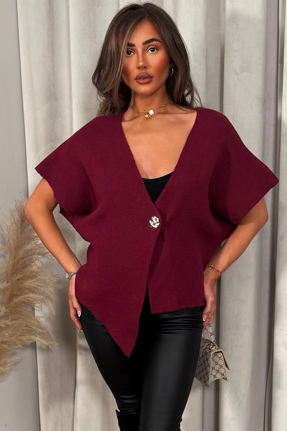 Burgundy Cape Cardigan with Gold Button | Xtralitty