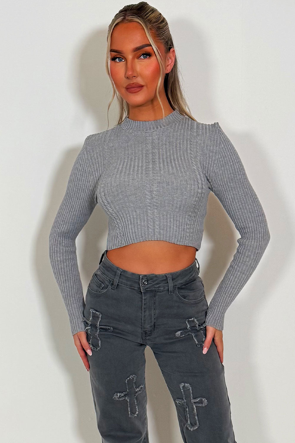 Crop Knitted Jumper with Long Sleeves Grey | Xtralitty